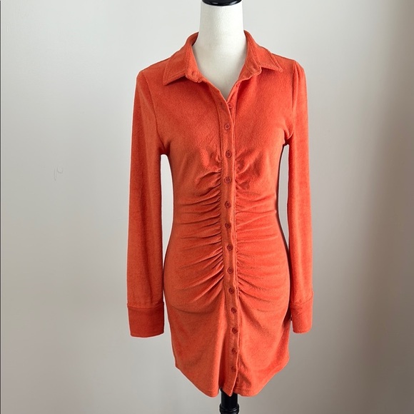 Beige Botany Terrycloth Ruched Mini Dress Orange Long Sleeve Button Down Size M - Picture 2 of 12